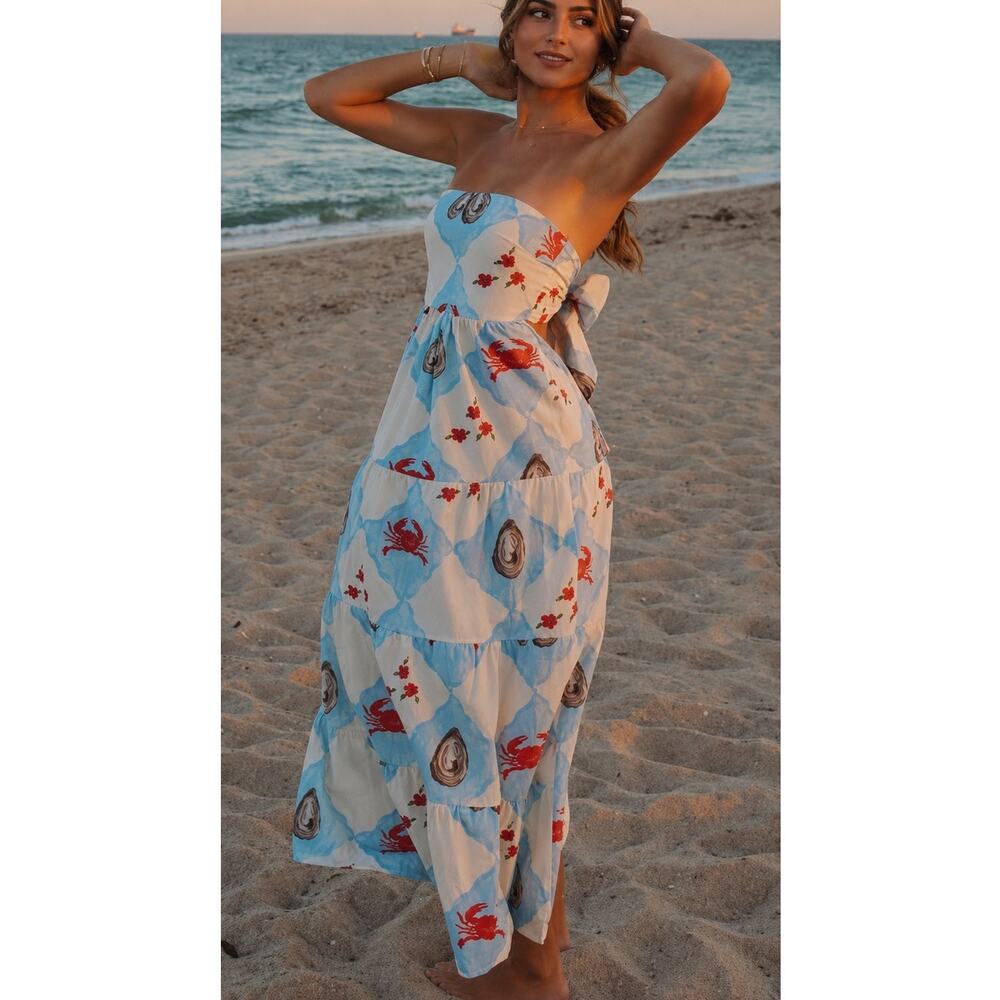 Bailey Rose Coastal Crab Oyster Print Midi Dress Open Back Bow Tie NWOT Small